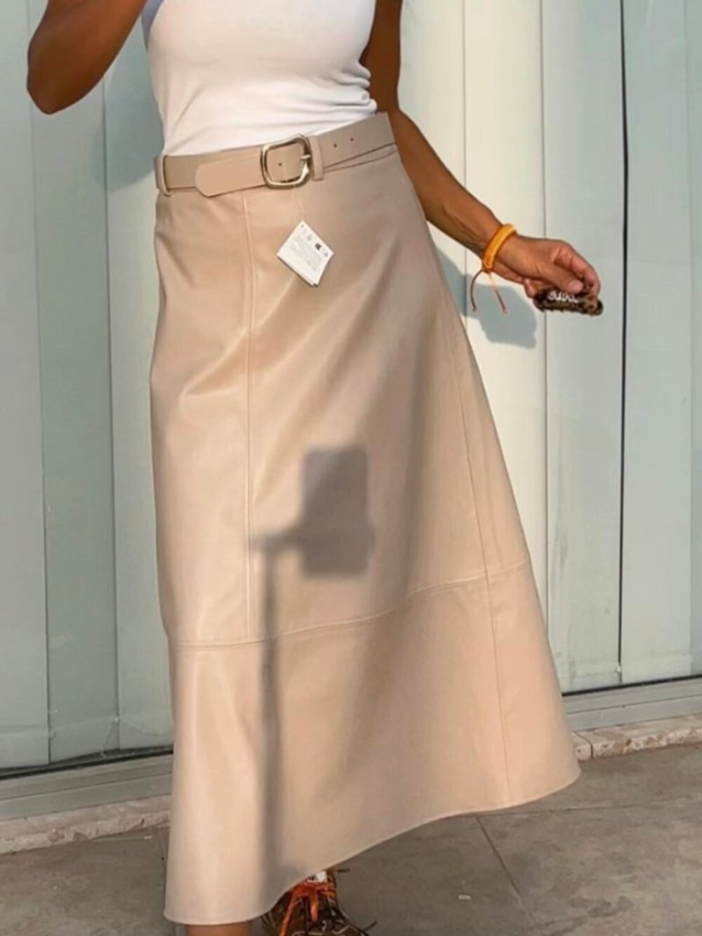 Zara Faux Leather Beige Midi Skirt with Gold Detailed Belt